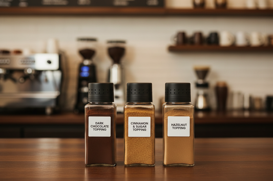 3 rectangular glass bottles with a black shaker for a lid. White labels with modern font. Each bottle says one of the following: Dark Chocolate Topping, Cinnamon & Sugar Topping, Hazelnut Topping. Feature the products with a coffee shop in the background